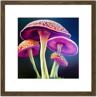 Artery8 Fantasy Magic Mushrooms Vibrant Colour Fungi Modern Illustration Square Wooden Framed Wall Art Print Picture 8X8 Inch in Brown