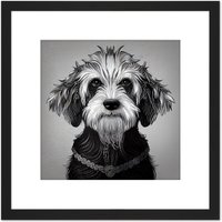 Artery8 Cockapoo Dog Portrait Monochrome Tribal Illustration Square Wooden Framed Wall Art Print Picture 8X8 Inch in Black