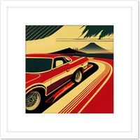 Artery8 Japan Retro Muscle Car Mount Fuji Illustration Classic Square Wooden Framed Wall Art Print Picture 8X8 Inch in White