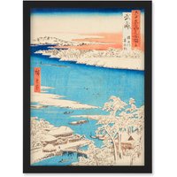 Artery8 Sumida River, Snowy Morning Musashi Province Utagawa Hiroshige Japan Woodblock Artwork Framed Wall Art Print A4 in Black