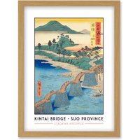Artery8 Iwakuni, Kintai Bridge Suo Province Utagawa Hiroshige Japan Woodblock Classic Collection Artwork Framed Wall Art Print A4 in Light Oak