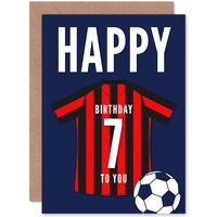 Artery8 Football Fan 7th Happy Birthday Card for Boys Girls Black Red Striped Jersey Football Top on Dark Blue Background