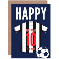 Artery8 Football Fan 10th Happy Birthday Card for Boys Girls Black White Striped Jersey Football Top on Dark Blue Background