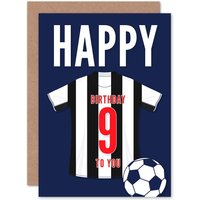 Artery8 Football Fan 9th Happy Birthday Card for Boys Girls Black White Striped Jersey Football Top on Dark Blue Background