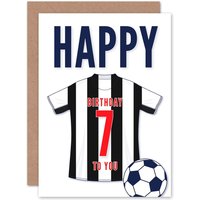 Artery8 Football Fan 7th Happy Birthday Card for Boys Girls Black White Striped Jersey Football Top on White Background