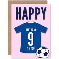 Artery8 Football Fan 9th Happy Birthday Card for Boys Girls Blue Jersey Football Top on Pink Background