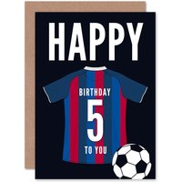 Artery8 Football Fan 5th Happy Birthday Card for Boys Girls Blue Red Striped Jersey Football Top on Dark Blue Background