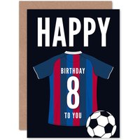 Artery8 Football Fan 8th Happy Birthday Card for Boys Girls Blue Red Striped Jersey Football Top on Dark Blue Background