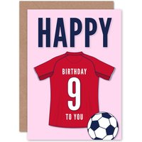 Artery8 Football Fan 9th Happy Birthday Card for Boys Girls Dark Red Jersey Football Top on Pink Background