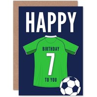 Artery8 Football Fan 7th Happy Birthday Card for Boys Girls Green Jersey Football Top on Dark Blue Background