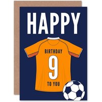 Artery8 Football Fan 9th Happy Birthday Card for Boys Girls Orange Jersey Football Top on Dark Blue Background