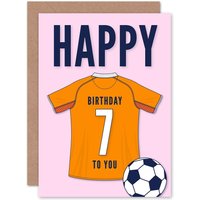 Artery8 Football Fan 7th Happy Birthday Card for Boys Girls Orange Jersey Football Top on Pink Background