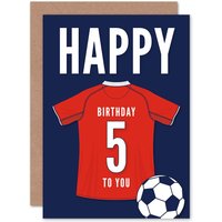 Artery8 Football Fan 5th Happy Birthday Card for Boys Girls Red Jersey Football Top on Dark Blue Background