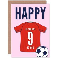 Artery8 Football Fan 9th Happy Birthday Card for Boys Girls Red Jersey Football Top on Pink Background