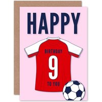 Artery8 Football Fan 9th Happy Birthday Card for Boys Girls Red White Jersey Football Top on Pink Background