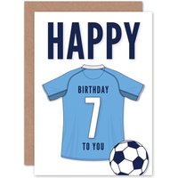 Artery8 Football Fan 7th Happy Birthday Card for Boys Girls Sky Blue Jersey Football Top on White Background