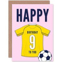 Artery8 Football Fan 9th Happy Birthday Card for Boys Girls Yellow Jersey Football Top on Pink Background