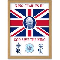 Artery8 King Charles III Coronation God Save the King Union Jack Crest & Emblem Artwork Framed Wall Art Print A4 in Light Oak