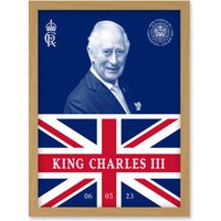 Artery8 King Charles III Coronation Date Crest Emblem Union Jack & Sovereign Artwork Framed Wall Art Print A4 in Light Oak