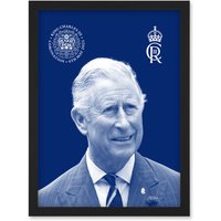 Artery8 King Charles III Coronation Royal Blue Portrait Picture with Crest & Emblem Artwork Framed Wall Art Print A4 in Black