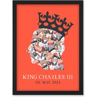 Artery8 King Charles III Coronation Date British Symbol Head Collage with Crown Red Design Artwork Framed Wall Art Print A4 in Black