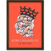 Artery8 King Charles III Coronation Date British Symbol Head Collage with Crown Red Design Artwork Framed Wall Art Print A4 in Brown