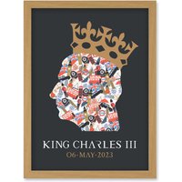 Artery8 King Charles III Coronation Date British Symbol Head Collage with Crown Grey Design Artwork Framed Wall Art Print A4 in Light Oak