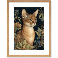 Artery8 Wall Art Print Abyssinian Cat with Flowers Art Nouveau Modern Watercolour Artwork Framed 9X7 Inch in Beige | Size: W7" x H9"