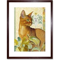 Artery8 Wall Art Print Abyssinian Cat with Plants Art Nouveau Bright Modern Watercolour Artwork Framed 9X7 Inch in Brown | Size: W7" x H9"