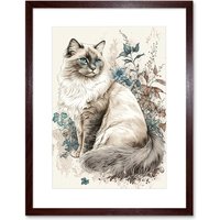 Artery8 Wall Art Print Blue Point Ragdoll Cat with Flowers Watercolour Artwork Framed 9X7 Inch in Brown | Size: W7" x H9"