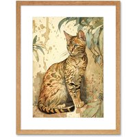 Artery8 Wall Art Print Marble Coat Bengal Cat Perched on Street Wall Watercolour Artwork Framed 9X7 Inch in Beige | Size: W7" x H9"