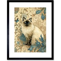 Artery8 Wall Art Print Blue Point Ragdoll Cat with Teal Plants Art Nouveau Watercolour Artwork Framed 9X7 Inch in Black | Size: W7" x H9"