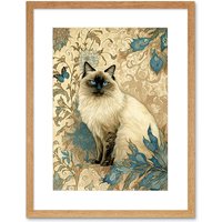 Artery8 Wall Art Print Blue Point Ragdoll Cat with Teal Plants Art Nouveau Watercolour Artwork Framed 9X7 Inch in Beige | Size: W7" x H9"