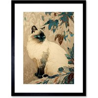 Artery8 Wall Art Print Blue Point Ragdoll Cat & Plant Pattern Art Nouveau Modern Artwork Framed 9X7 Inch in Black | Size: W7" x H9"