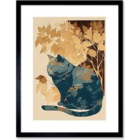 Artery8 Wall Art Print Cat by Countryside Shrub Bush in Autumn Modern Linocut Artwork Framed 9X7 Inch in Black | Size: W7" x H9"