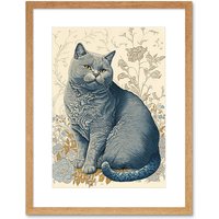 Artery8 Wall Art Print William Morris Inspired Cat Portrait with Flowers Modern Artwork Framed 9X7 Inch in Beige | Size: W7" x H9"