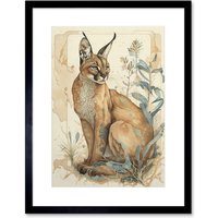 Artery8 Wall Art Print Caracal Cat with Teal Plants Modern Pastel Watercolour Artwork Framed 9X7 Inch in Black | Size: W7" x H9"