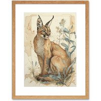 Artery8 Wall Art Print Caracal Cat with Teal Plants Modern Pastel Watercolour Artwork Framed 9X7 Inch in Beige | Size: W7" x H9"