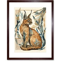 Artery8 Wall Art Print Caracal Cat with Teal Plants Modern Art Nouveau Watercolour Artwork Framed 9X7 Inch in Brown | Size: W7" x H9"