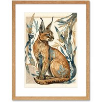 Artery8 Wall Art Print Caracal Cat with Teal Plants Modern Art Nouveau Watercolour Artwork Framed 9X7 Inch in Beige | Size: W7" x H9"