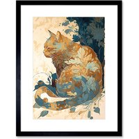 Artery8 Wall Art Print Cat with Leaf Pattern Fur Coat Modern Teal & Ochre Artwork Framed 9X7 Inch in Black | Size: W7" x H9"