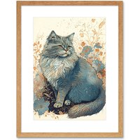 Artery8 Wall Art Print Fluffy Cat in Wildflowers Teal & Orange Watercolour Artwork Framed 9X7 Inch in Beige | Size: W7" x H9"