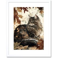 Artery8 Wall Art Print Maine Coon Cat in Autumn Leaves Modern Watercolour Ink Artwork Framed 9X7 Inch in White | Size: W7" x H9"