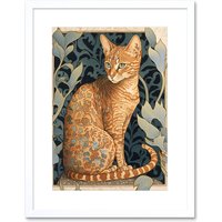 Artery8 Wall Art Print Ocicat Cat with Flower Pattern Fur Coat Art Nouveau Watercolour Artwork Framed 9X7 Inch in White | Size: W7" x H9"