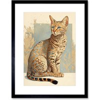 Artery8 Wall Art Print Ocicat Cat with Turquoise Rosette Pattern Fur Modern Watercolour Artwork Framed 9X7 Inch in Black | Size: W7" x H9"