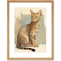 Artery8 Wall Art Print Ocicat Cat with Turquoise Rosette Pattern Fur Modern Watercolour Artwork Framed 9X7 Inch in Beige | Size: W7" x H9"