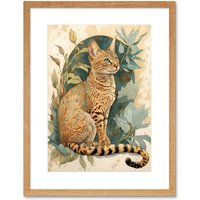 Artery8 Wall Art Print Ocicat Cat with Teal Rosette Pattern Fur & Leafy Plants Watercolour Artwork Framed 9X7 Inch in Beige | Size: W7" x H9"