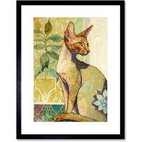 Artery8 Wall Art Print Oriental Shorthair Cat with Art Nouveau Botanical Patterns Colourful Watercolour Artwork Framed 9X7 Inch | Size: W7" x H9"