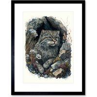 Artery8 Wall Art Print Wild Cat in Rock Cavity with Wildflowers Detailed Watercolour Artwork Framed 9X7 Inch in Black | Size: W7" x H9"
