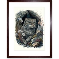 Artery8 Wall Art Print Wild Cat in Rock Cavity with Wildflowers Detailed Watercolour Artwork Framed 9X7 Inch in Brown | Size: W7" x H9"